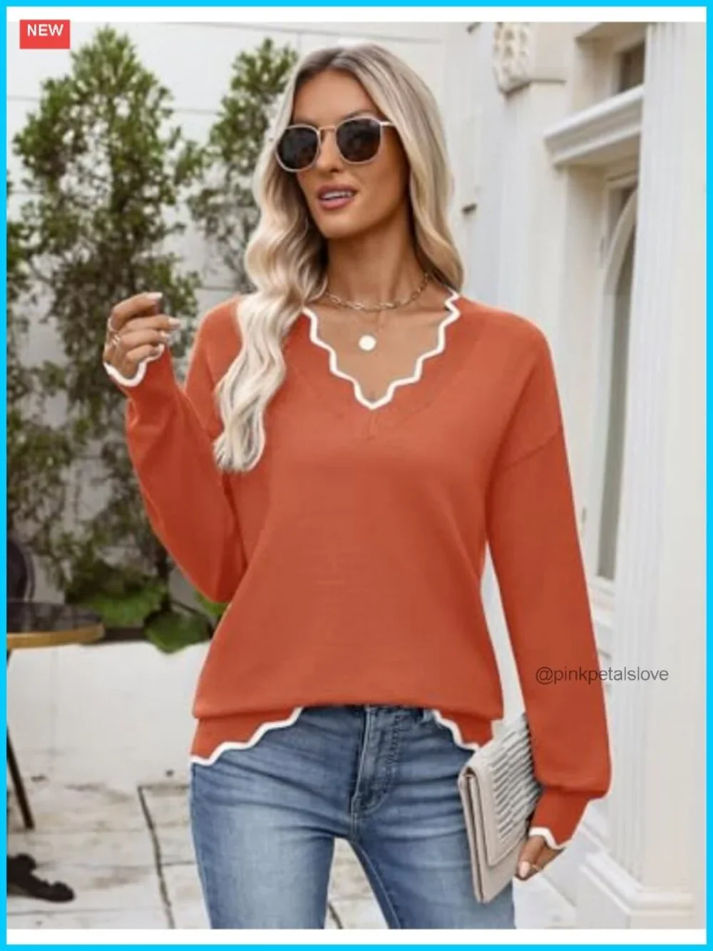 V Neck Long Sleeve Lightweight Knit Pullover Sweater